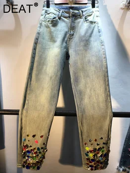 Модные женские джинсы с драгоценными камнями, бриллиантами, высокой талией, в стиле пэчворк, Узкие широкие джинсовые брюки длиной до щиколоток, Осень 2023, Новая мода 29L112
